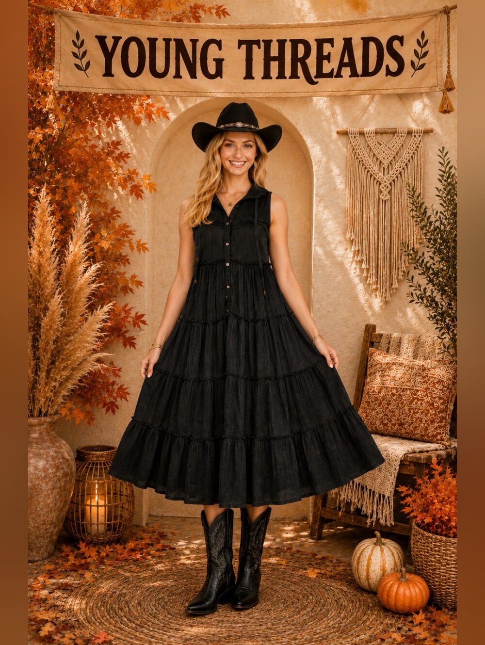 407 Young Threads Black Sleeveless Tiered Midi Dress/duster With Hood - Picture 4 of 6